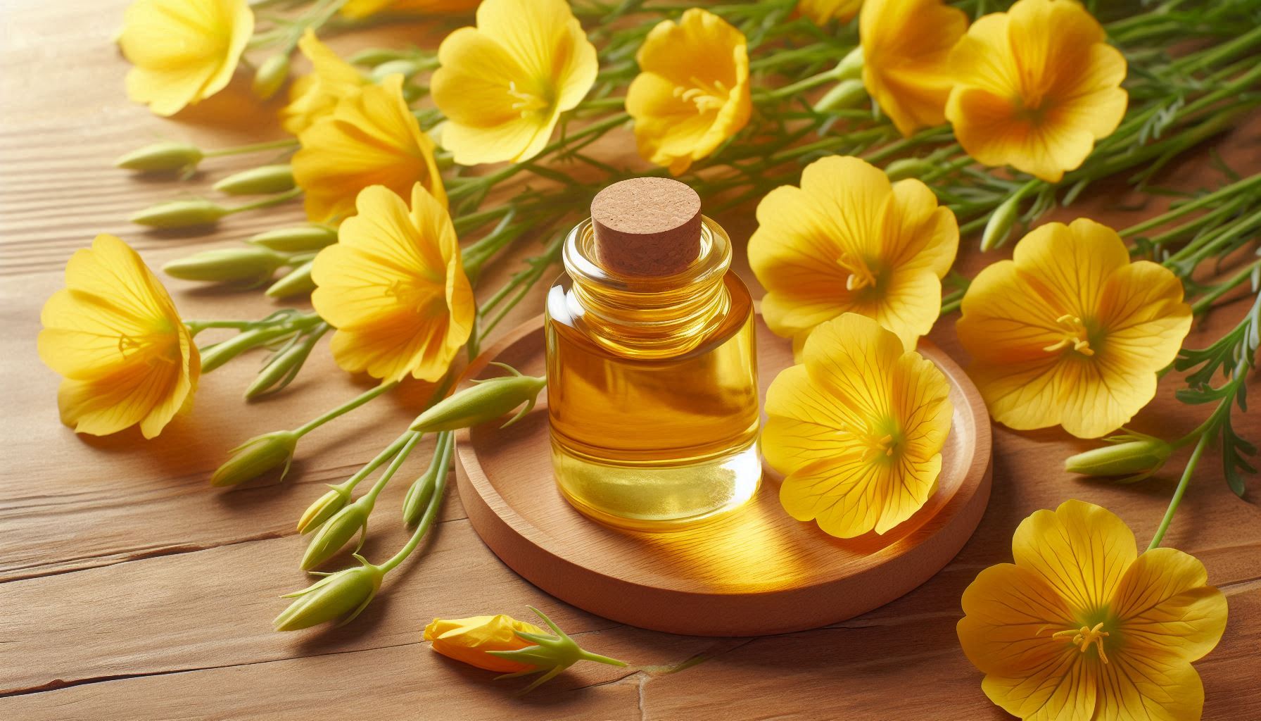 Oenothera Biennis (Evening Primrose) flowers and a bottle of evening primrose oil for skin.