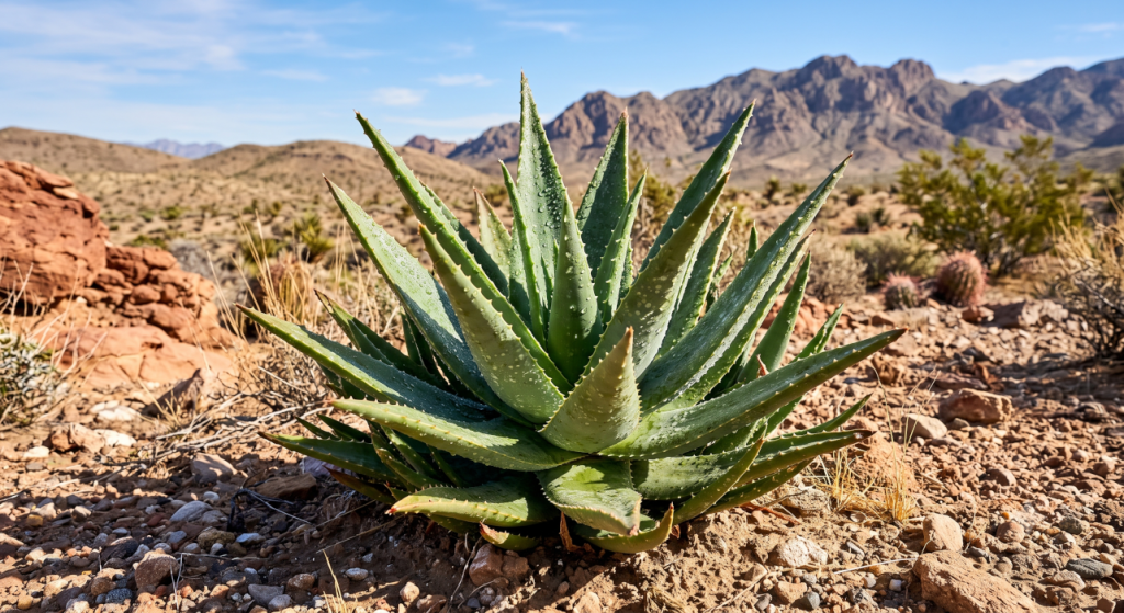 Healthy aloe vera plant growing in a desert landscape.